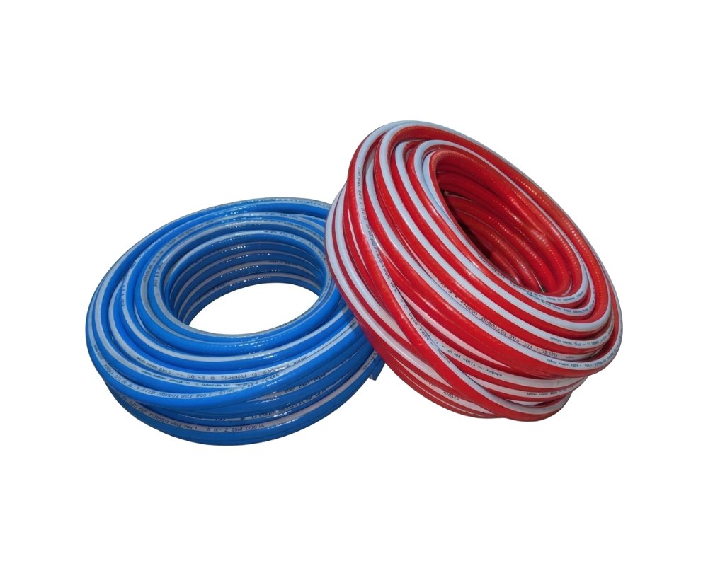 Caño con malla para compresor de aire, rollos azul y rojo, fabricado por G&Q