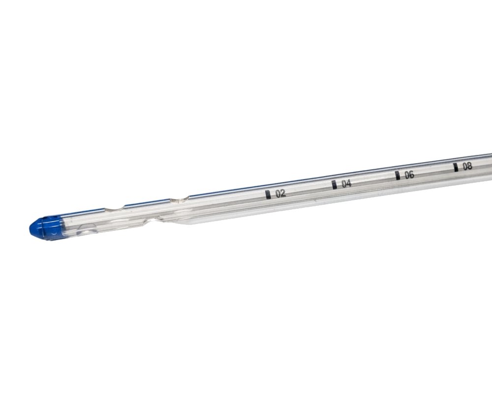 Sonda de drenaje de PVC cristal con punta azul y marcas de longitud, fabricada a medida por G&Q